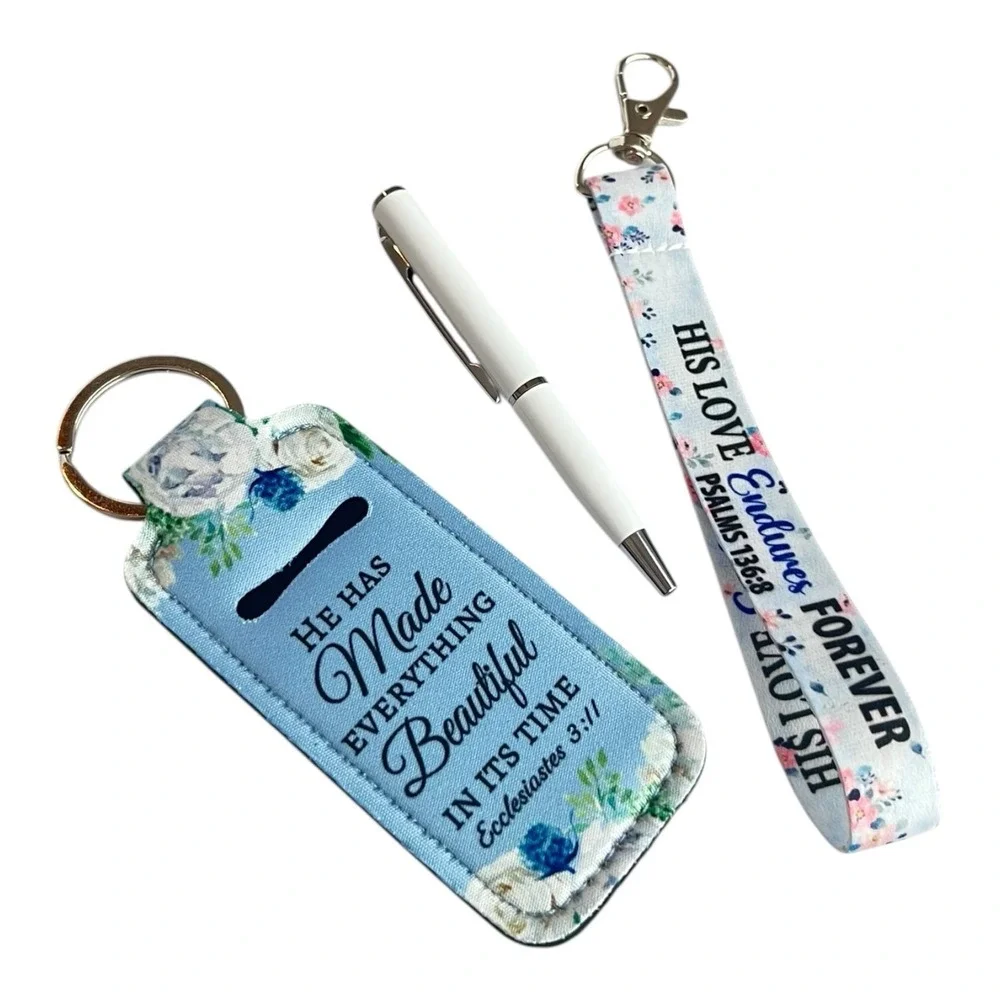 Christian Women's Keychain Set Scripture Lip Balm Holder Lanyard Pen Gift